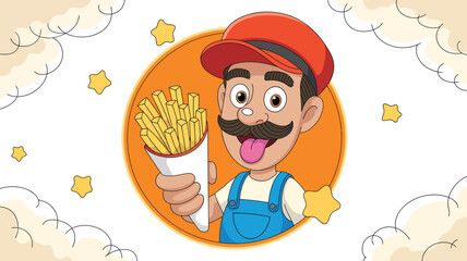 Cartoon man with mustache holding french fries in front of orange circle with star and cloud background