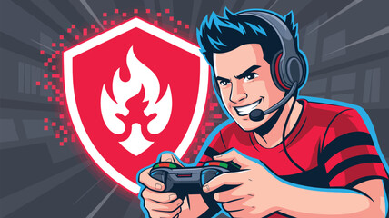 Illustration of a gamer with headset holding a controller in front of a shield with a flame icon