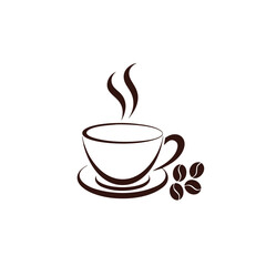 Vector illustration, icon of a cup of hot coffee, steaming tea and several coffee beans side by side, isolated on transparent background. Symbol of coffee break, morning ritual or relaxation.