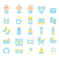 Baby Product Icons Set – Flat Cute Style Newborn Essentials Including Pacifier, Diapers, Bottle, Toys, Crib, and Bath – Perfect for Parenting, Childcare, and Baby Store Design