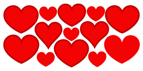 Graphic set icon  with red hearts of different shapes and sizes isolated on transparent background. Collection of cliparts, stickers in retro, kawaii style.