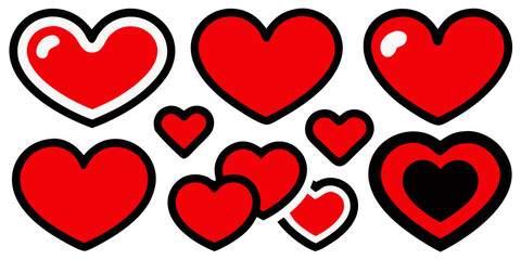 Graphic set icon  with red hearts, circles and ovals with black outline of different shapes and sizes isolated on transparent background. Collection of cliparts, stickers in retro, kawaii style.