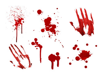 Red bloodstain set for halloween horror designs - dripping splashes, finger and handprints, scattered drops. Spooky crime scene element with realistic texture for thriller poster, scary decoration