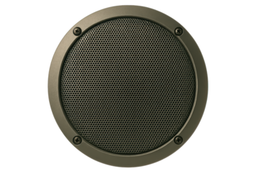 Round metal speaker grill cover with a protective mesh pattern on a transparent background