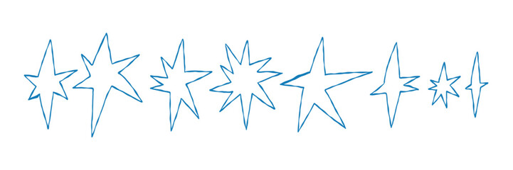 Obraz premium Blue Whimsical Line Pastel Crayon Brush Star Collection. Hand Texture Pencil Star. Vector Color Line Illustration