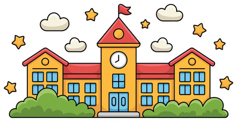 Cartoon illustration of a school building with clouds and stars on a light blue background design