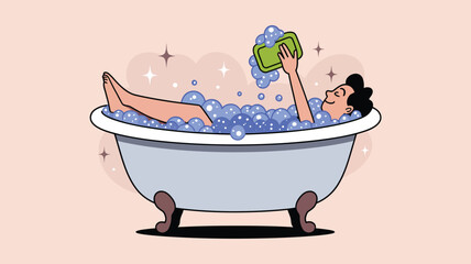 A cartoon man relaxing in a bathtub full of bubbles with a green sponge and sparkling stars around him