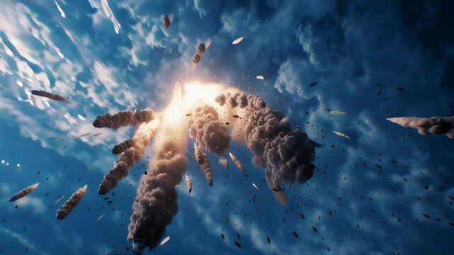 The sky is filled with smoke and debris from a series of explosions. The explosions are scattered throughout the sky, with some closer to the ground and others higher up. The scene is chaotic