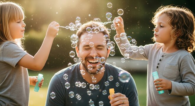 A laughing dad with his eyes closed, being playfully "attacked" by his kids who are blowing hundreds of iridescent soap bubbles at him in the sun.