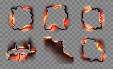 Set of borders and frames from burnt and smoldering paper edges. Fire effect on torn fragments. Vector design elements for website design, social networks, advertising materials, packaging, games