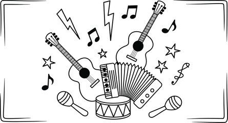 A black and white drawing of musical instruments including guitars and an accordion with stars and lightning