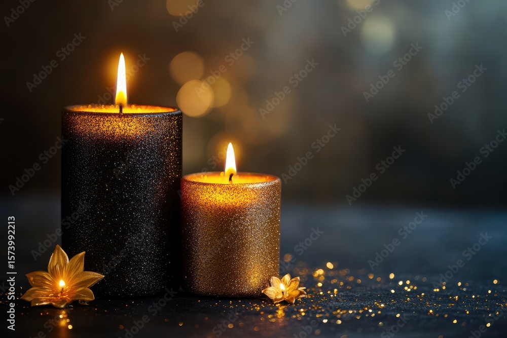 Poster illuminated candles with golden accents creating a warm and inviting atmosphere in a dark setting