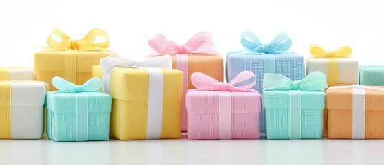 Obraz premium Colorful gift boxes arrangement for celebrations studio setting product photography bright environment close-up view festive spirit