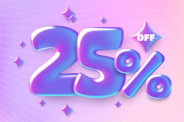 25 percent off sale design with purple metallic iridescent number twenty five on gradient background. Vector illustration.
