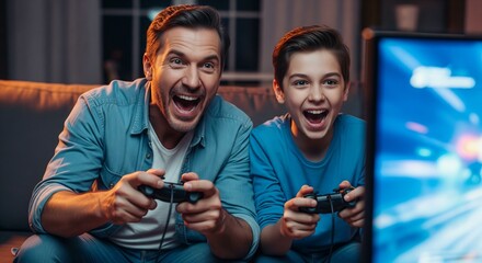 A father and his teenage son laughing and shouting while playing a video game together, their excited faces lit by the glow of the TV screen.