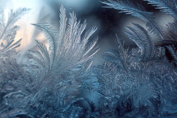 Frozen window frost patterns, detailed close-up