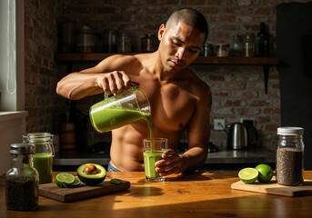 view of smoothie prep with fruits, greens, chia and sunlight
