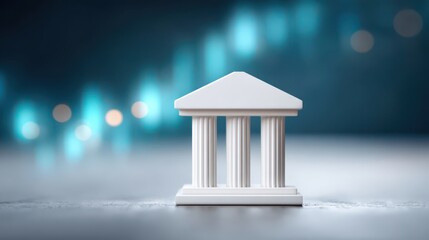 A bank model on the table with stock market background, symbolizing the use of monetary policy, financial regulation.