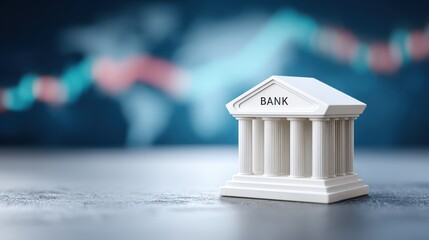 a bank model placed on the table with stock market background, highlighting monetary policy, financial systems, and economic control