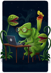 Cartoon chameleon working at laptop surrounded by plants