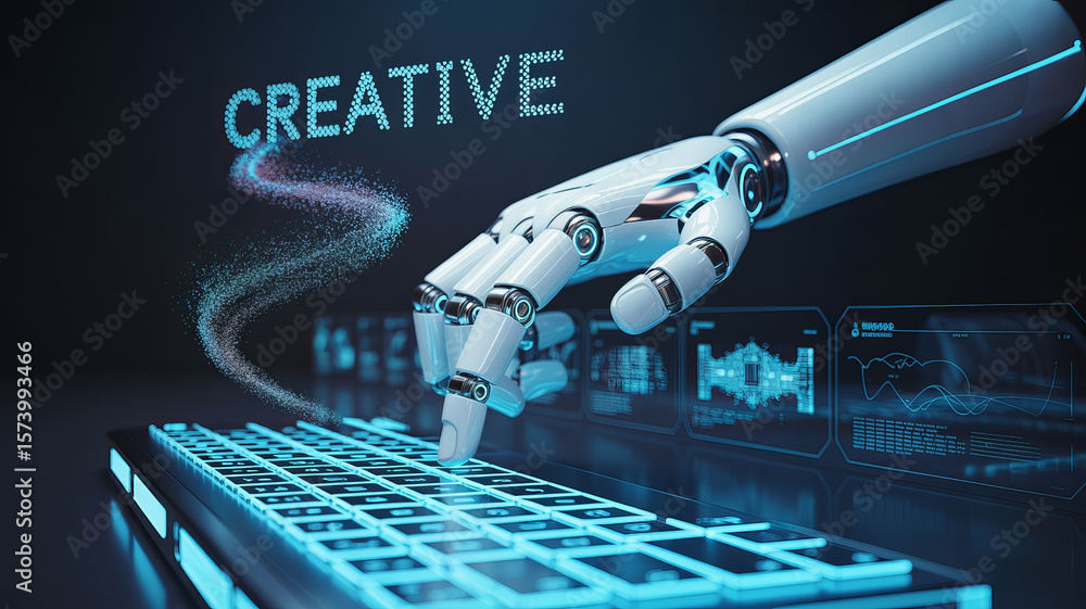Poster digital creation: a futuristic robotic hand types on a glowing keyboard, while the word 