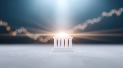 A bank hologram with connecting technology, with a stock market graph background, symbolizing futuristic finance, digital banking.