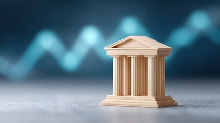 A bank model on the table with stock market background, symbolizing the use of monetary policy, financial regulation.