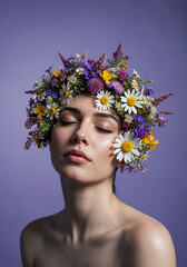 female portrait with blooming flowers and closed eyes