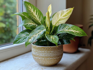 Vibrant Dieffenbachia plant with variegated green and white leaves sits in decorative pot on windowsill, adding touch of nature and freshness to indoor space