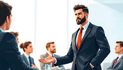 Bearded Business Man Presenting to Team in Modern Office Meeting