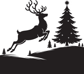 Majestic reindeer leaping through snowy landscape with christmas tree silhouette