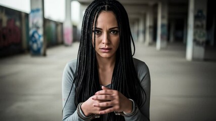 Woman Wearing Handcuffs Looking Anxious in Empty Building - Powered by Adobe