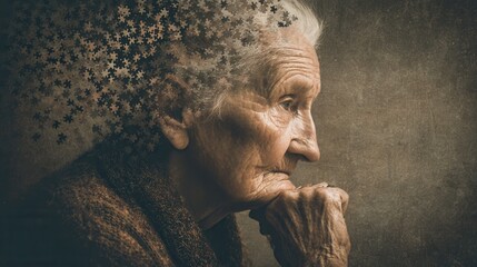 Elderly woman in profile with head dissolving into puzzle pieces, symbolic portrait of Alzheimer's and fading memory