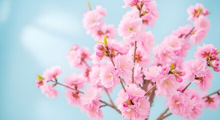 Obraz premium The Gentle Embrace of Cherry Blossoms: Nature's Poetic Blush on a Tranquil Blue Canvas.
