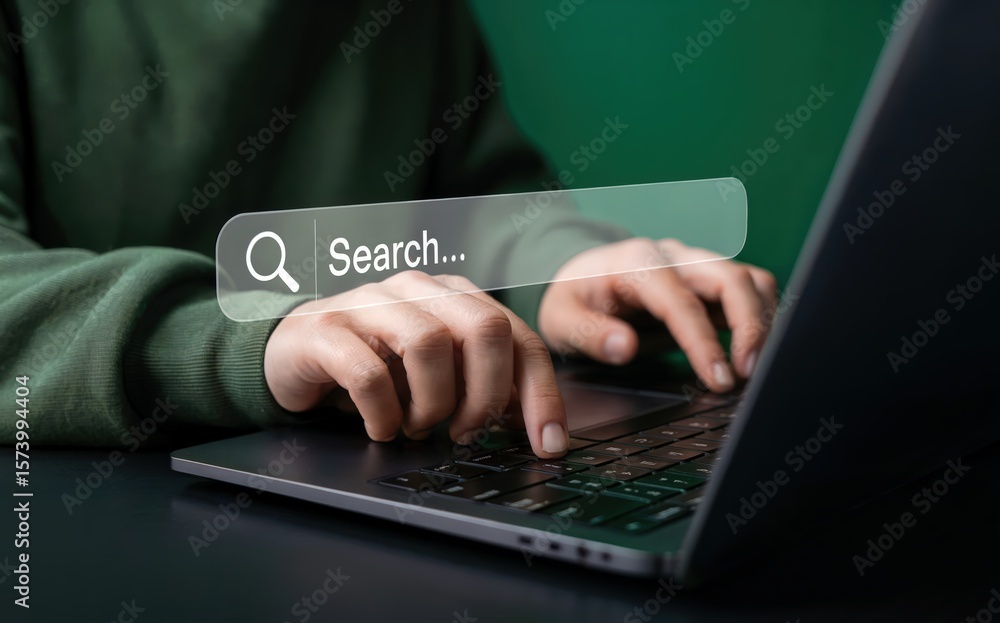 Poster person typing on laptop with a virtual search bar highlighting internet queries
