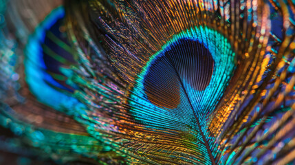 Naklejka premium A macro shot of the iridescent patterns on a peacock feather An extreme macro photograph of a peacock feather, focusing on the vibrant, iridescent 'eye' with its stunning colors and intricate patterns
