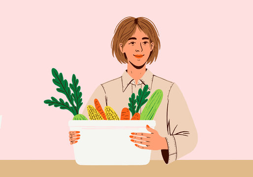 Illustration of a woman holding a basket of fresh vegetables promoting healthy eating