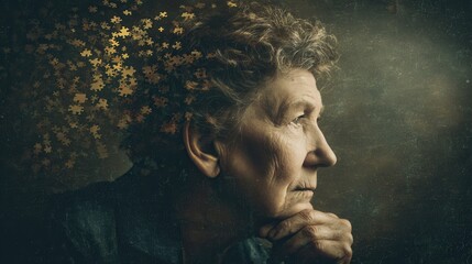 Elderly woman in profile with head dissolving into puzzle pieces, symbolic portrait of Alzheimer's and fading memory