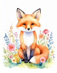 Fototapeta premium A charming watercolor illustration of a smiling fox sitting amidst colorful wildflowers on a white background.
