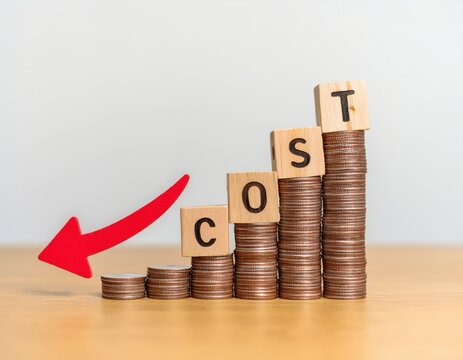 Stacked coins increase in height with wooden blocks spelling "COST," beside a red arrow pointing left, symbolizing cost reduction or decreasing expenses.
