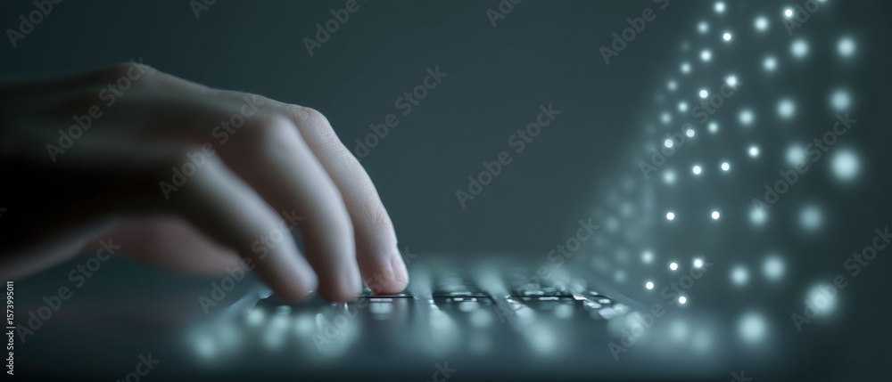 Poster typing on a laptop keyboard digital workspace image dark environment close-up view technology concep