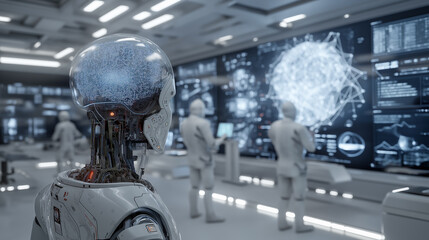 A futuristic robot with a transparent head displaying complex data stands in a high-tech control room, observing large monitors filled with intricate visualizations.