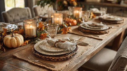 Fototapeta premium A beautifully decorated Thanksgiving table with autumn accents and warm candlelight.