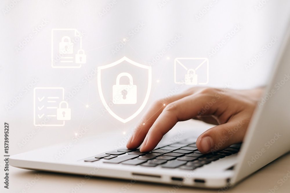 Poster securing digital data person working on laptop with security icons
