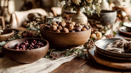 Fototapeta premium Festive autumn table setting with bowls of nuts and berries, ready for a seasonal feast.