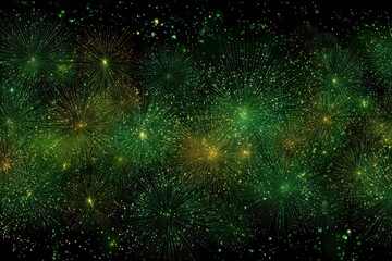 Fototapeta premium Green fireworks explode brightly in the night sky background. Use for festive celebrations, or visual representations of energy.