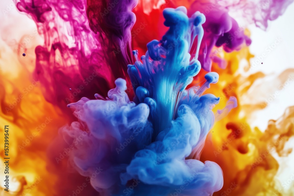 Poster abstract image of colorful ink swirling and mixing together in a fluid like motion and bright colors