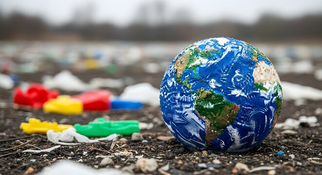 Globe on ground surrounded by plastic waste. Environmental pollution concept for Earth Day or recycling advocacy. Global climate change and ecological problem.