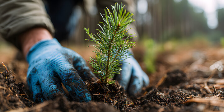 forest conifer plant growth forest ecosystem forestry industry management reforestation environmental rehabilitation concept nature regeneration, hands planting pine tree - Powered by Adobe