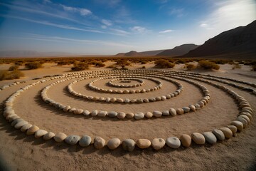 Spiral stone formations in a desert landscape